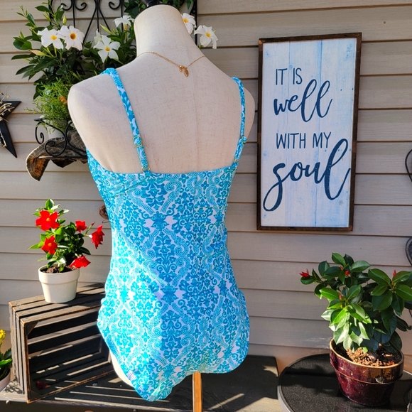 CATALINA ♡ Gorgeous 1pc Aqua Blue 'n White Padded Bralette Swimsuit L (12-14) - Picture 4 of 17